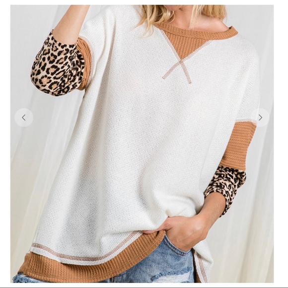 Boho chic color block leopard trim long sleeve top - Picture 5 of 5